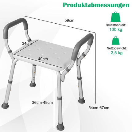Adjustable Shower Chair with Armrests, Non-Slip Rubber Feet
