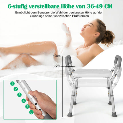 Adjustable Shower Chair with Armrests, Non-Slip Rubber Feet