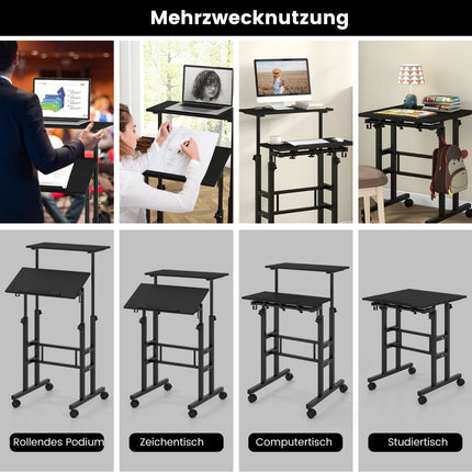 Höhenverstellbarer Steh-Sitz-Schreibtisch mit Rollen, Schwarz, MDF & Stahl