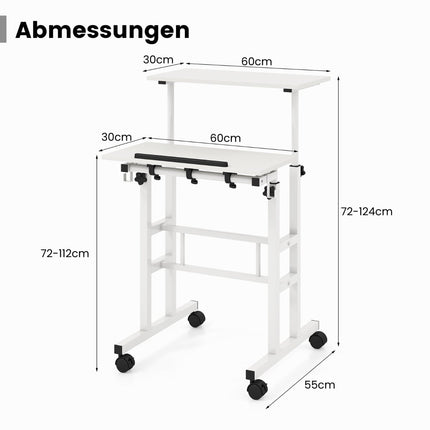 Höhenverstellbarer Sitz-Steh-Schreibtisch mit Rollen, Weißes MDF & Stahl