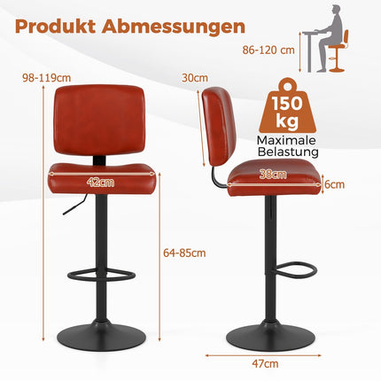 Verstellbare Barhocker mit Drehfunktion, 2er-Set, Kunstleder, Rotbraun