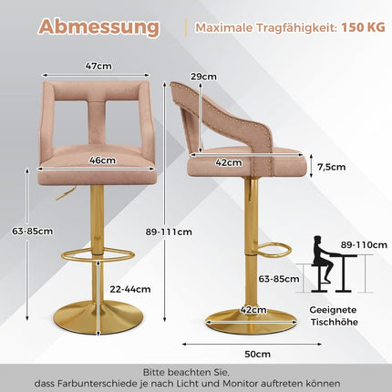 Nastavitelné sametové barové židle, růžová, sada 2 ks, 63-85cm
