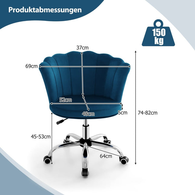 Nastavitelná sametová kancelářská židle na kolečkách, ergonomická, modrá