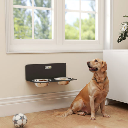 Adjustable Wall-Mounted Dog Bowls with 2 Stainless Steel Bowls