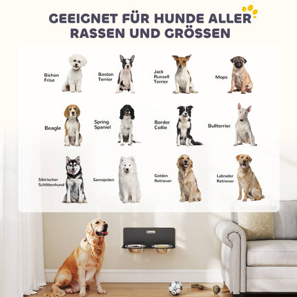 Adjustable Wall-Mounted Dog Bowls with 2 Stainless Steel Bowls