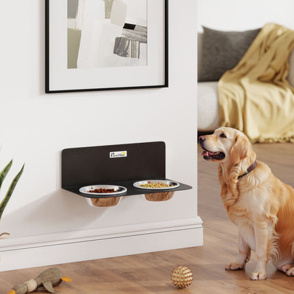 Adjustable Wall-Mounted Dog Bowls with 2 Stainless Steel Bowls