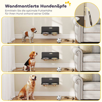 Adjustable Wall-Mounted Dog Bowls with 2 Stainless Steel Bowls