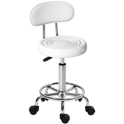 Adjustable White Rolling Stool with Backrest and Footrest