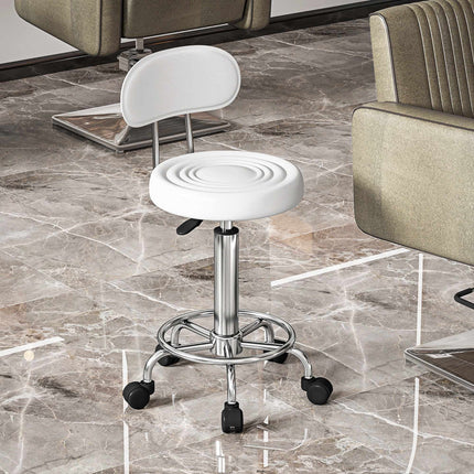 Adjustable White Rolling Stool with Backrest and Footrest
