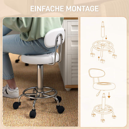 Adjustable White Rolling Stool with Backrest and Footrest