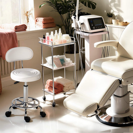 Adjustable White Rolling Stool with Backrest and Footrest