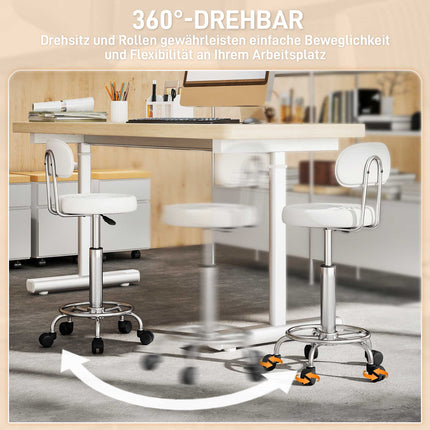 Adjustable White Rolling Stool with Backrest and Footrest