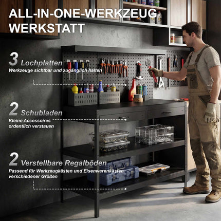 Adjustable Workbench with Pegboard & Shelves, Black, 122x61x156 cm