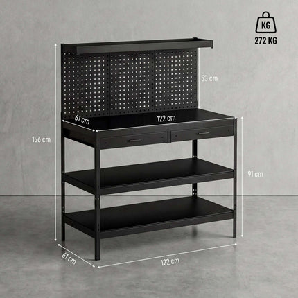 Adjustable Workbench with Pegboard & Shelves, Black, 122x61x156 cm