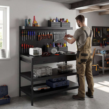 Adjustable Workbench with Pegboard & Shelves, Black, 122x61x156 cm