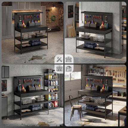 Adjustable Workbench with Pegboard & Shelves, Black, 122x61x156 cm