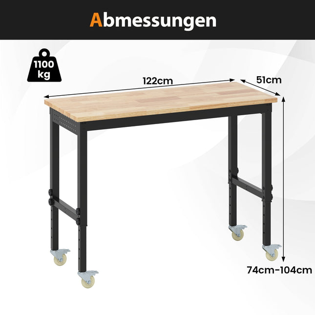 Verstellbare Werkbank mit Rollen, 1100 kg Tragkraft, 2 Lochplatten