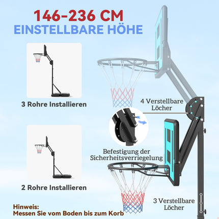 Adjustable basketball hoop with stand, 146-236 cm, portable