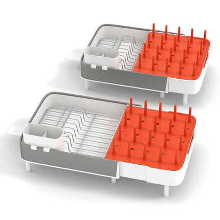 Égouttoir à vaisselle réglable avec porte-couverts et porte-gobelet amovibles. Extensible