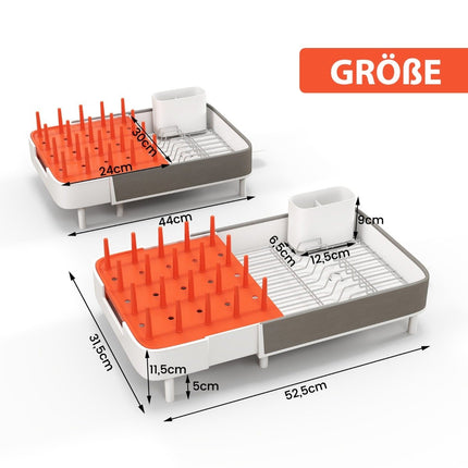 Égouttoir à vaisselle réglable avec porte-couverts et porte-gobelet amovibles. Extensible