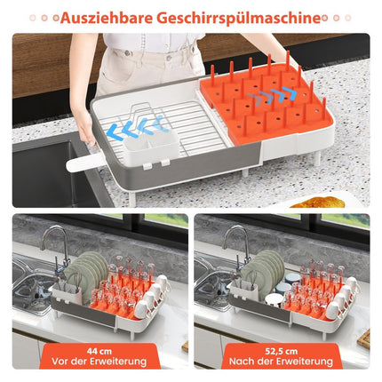 Égouttoir à vaisselle réglable avec porte-couverts et porte-gobelet amovibles. Extensible