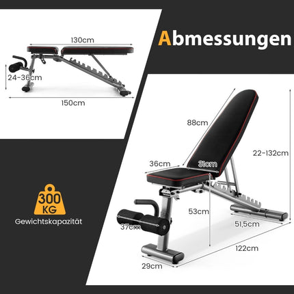 Adjustable weight bench with 2 transport wheels, full body training bench, black