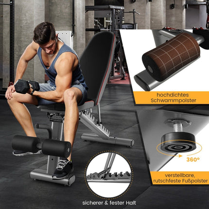 Adjustable weight bench with 2 transport wheels, full body training bench, black