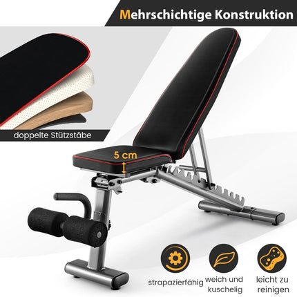 Adjustable weight bench with 2 transport wheels, full body training bench, black