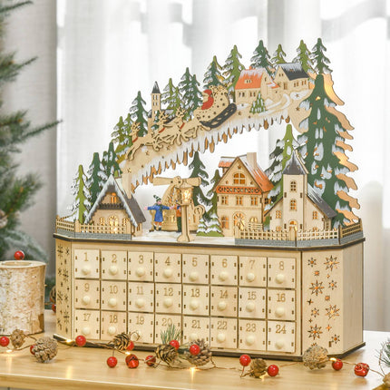 Adventskalender mit LED-Beleuchtung, 24 befüllbare Boxen, 45x13x43 cm