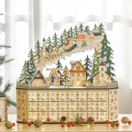 Adventskalender mit LED-Beleuchtung, 24 befüllbare Boxen, 45x13x43 cm