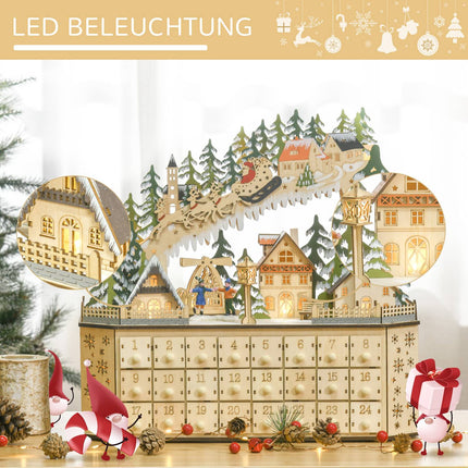 Adventskalender mit LED-Beleuchtung, 24 befüllbare Boxen, 45x13x43 cm
