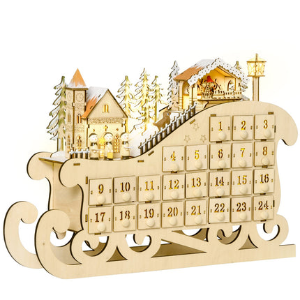 Advent calendar with 24 LED-illuminated boxes, Sled-shaped
