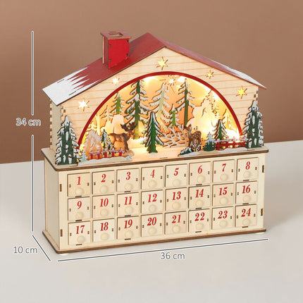 Adventní kalendář s 24 šuplíky, LED světla, dřevo, 36x10x34 cm