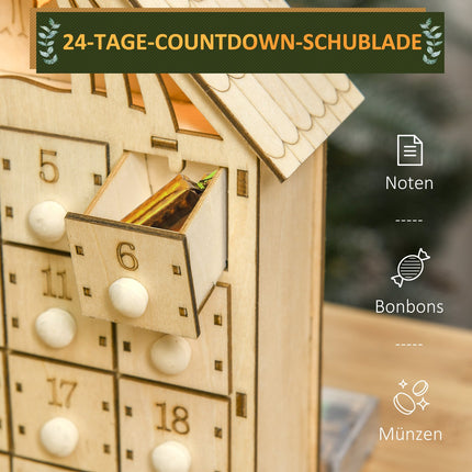 Adventskalender mit 24 LED-beleuchteten Holzschachteln