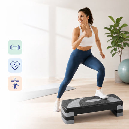 Aerobic Step Board with 3 Height Levels 10/15/20 cm, 300 kg Load, Grey, Black