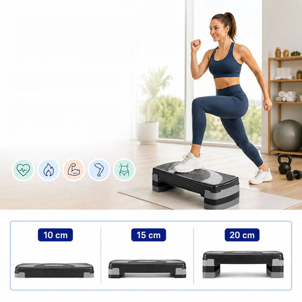 Aerobic Step Board with 3 Height Levels 10/15/20 cm, 300 kg Load, Grey, Black