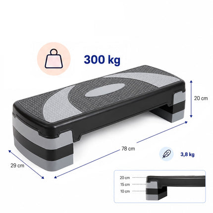 Aerobic Step Board with 3 Height Levels 10/15/20 cm, 300 kg Load, Grey, Black