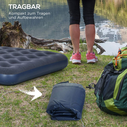 Double air bed for camping, foldable, dark blue, 203x152x22 cm