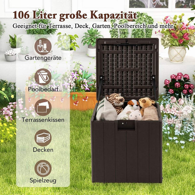 Allwetter-Aufbewahrungsbox, 106 l Fassungsvermögen, mit verschließbarem Deckel, wasserdichte Gartenbox, Braun