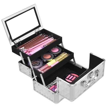 Aluminum Cosmetic Case with Mirror – Silver, 2 Trays