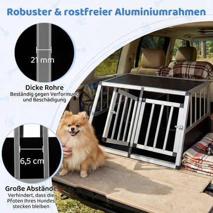 Hunde-Transportbox aus Aluminium mit abschließbaren Türen und Trennwand