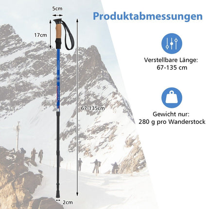 Nordic Walking Stöcke aus Aluminium, Teleskop-Wanderstöcke, Trekkingstöcke, 1 Paar, verstellbar, 65–135 cm, blau