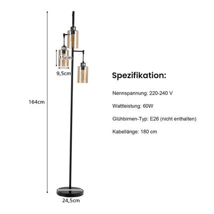 Bernsteinfarbene Stehleuchte, 3 Schirme, Fußschalter, Metallsockel