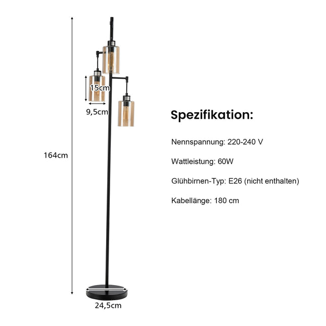 Bernsteinfarbene Stehleuchte, 3 Schirme, Fußschalter, Metallsockel