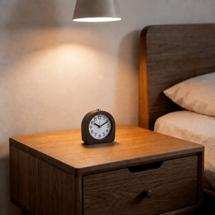 Analogue Beech Wood Alarm Clock with Snooze and Light, Dark Brown