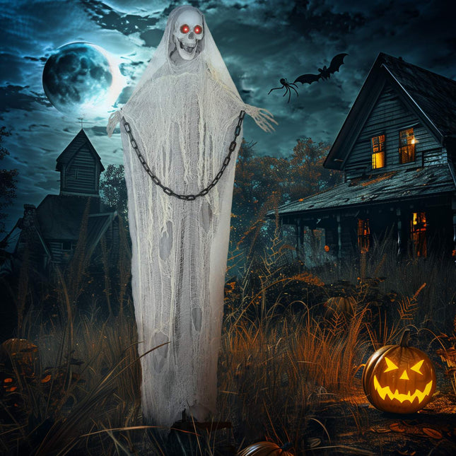 Pohyblivá halloweenská dekorace smrtka, 183cm, svítící oči