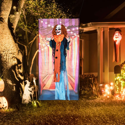 Pohyblivá halloweenská dekorace klaun s červenýma očima a zvukem