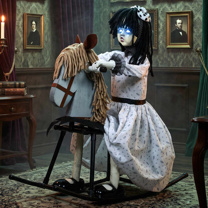 Animated Halloween Girl on Rocking Horse with Lights and Sound