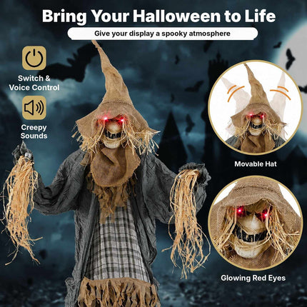 Animated Halloween Scarecrow 7 ft with Glowing Red Eyes, Moving Hat