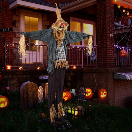 Animated Halloween Scarecrow 7 ft with Glowing Red Eyes, Moving Hat